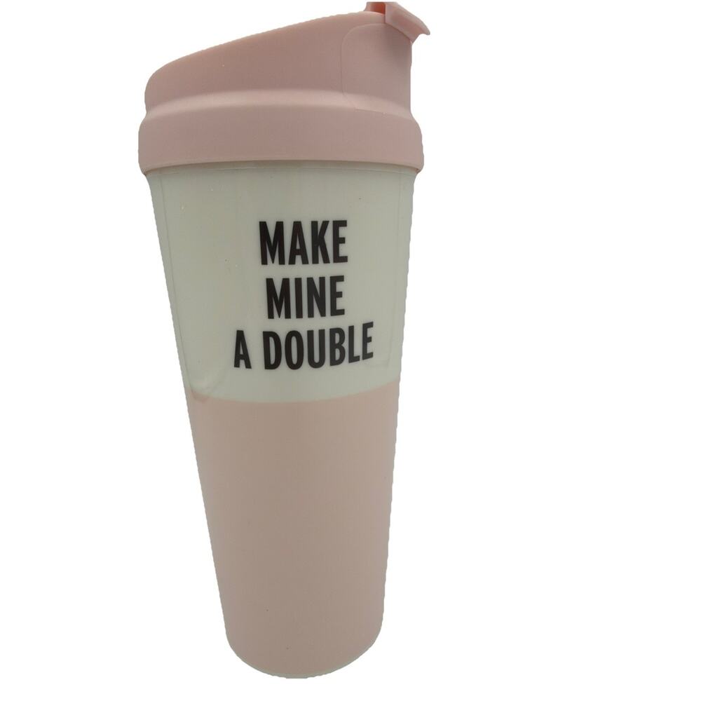 Kate Spade Pink “ Make Mine A Double” Coffee Travel Mug w/Lid BPA Free Plastic